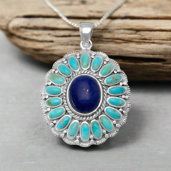 turquoise and lapis flower necklace pendant