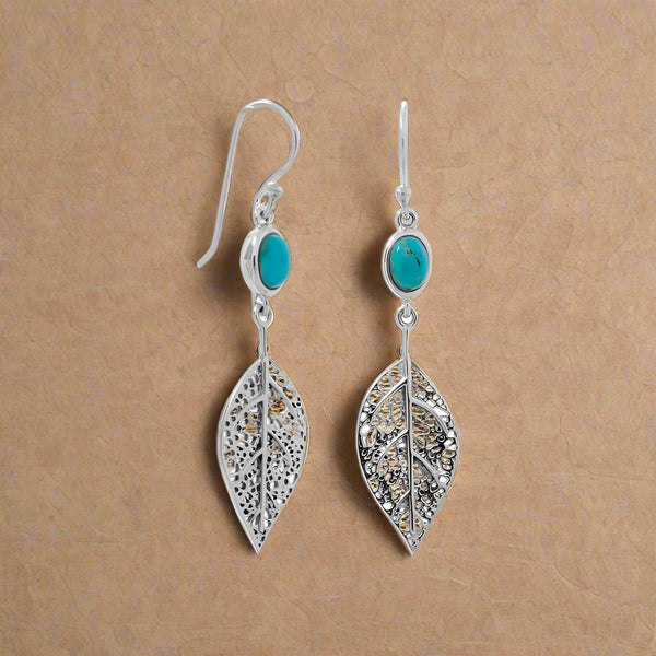 turquoise and leaf french wire earrings