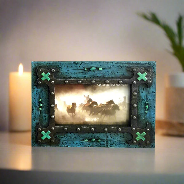 vintage wood and turquoise 4x6 photo frame