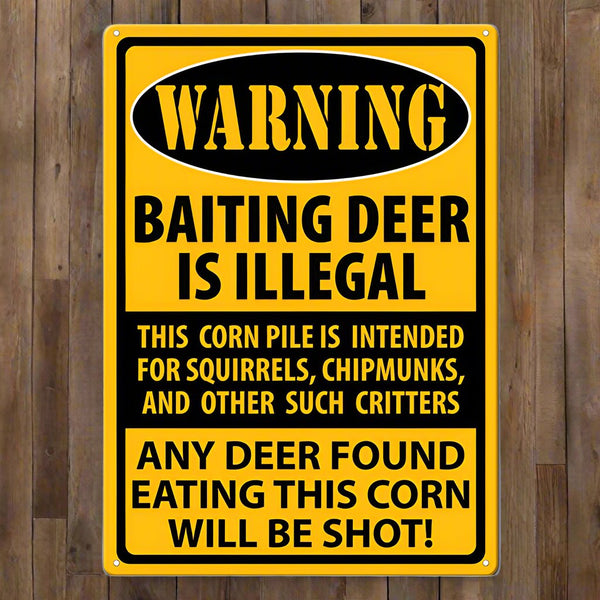 warning baiting deer tin sign