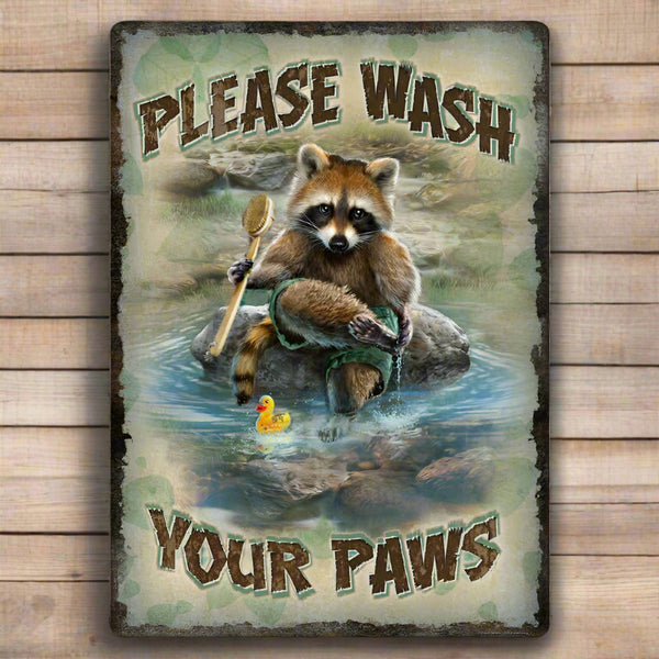 wash your paws raccoon tin sign