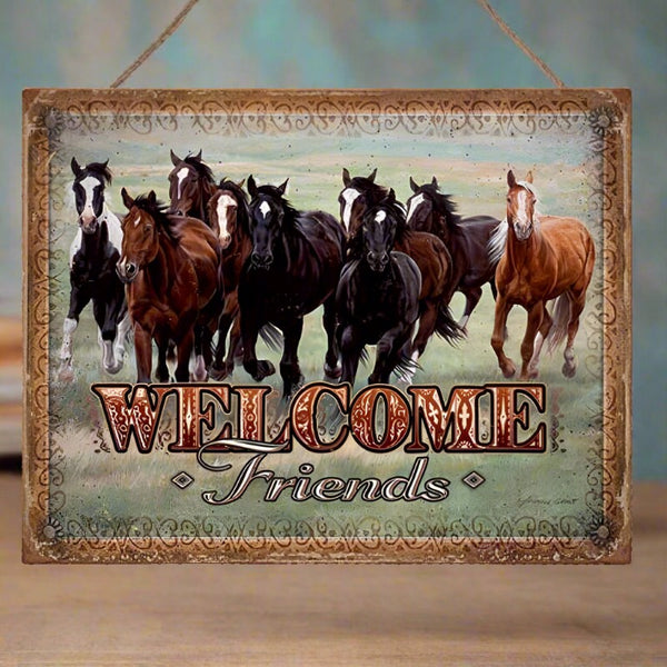 welcome friends horses tin sign