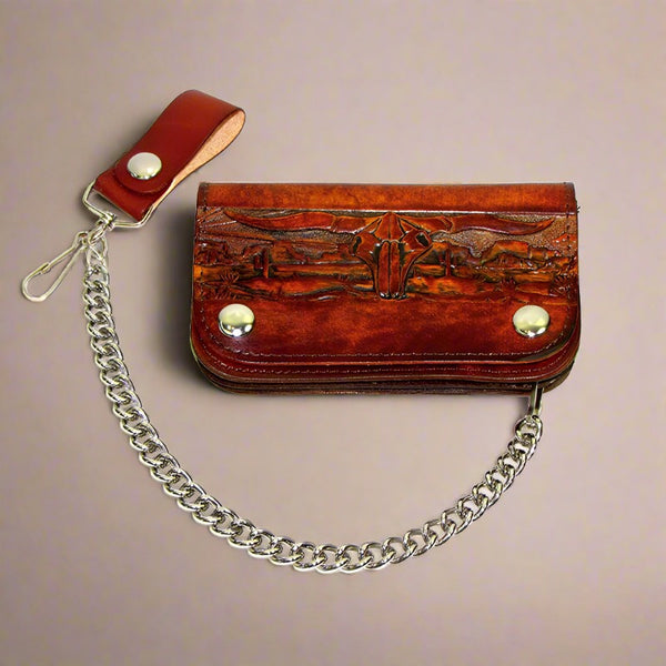 western scene brown leather chain wallet