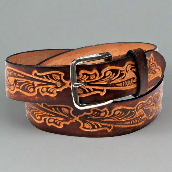 western scrolls brown leather belt