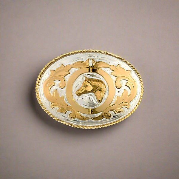 winners circle horse head german silver & gold belt buckle