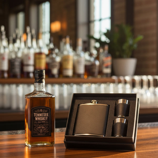 black leatherette flask and shot glass set