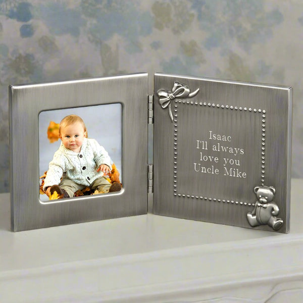 hinged bow and bear baby picture frame