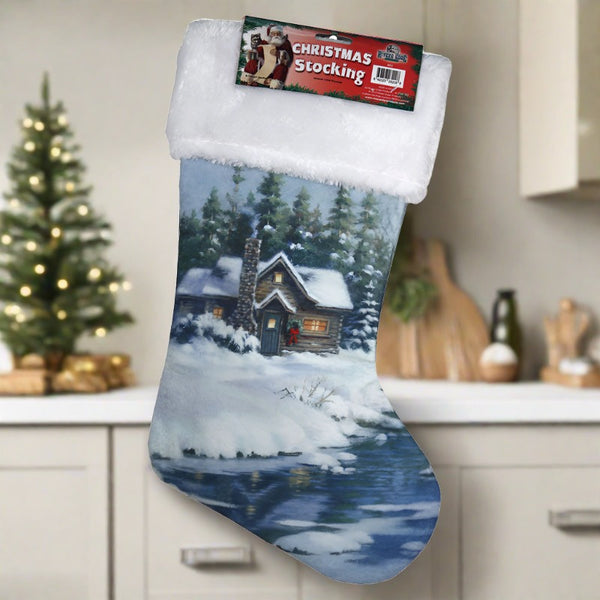 log cabin in winter christmas stocking