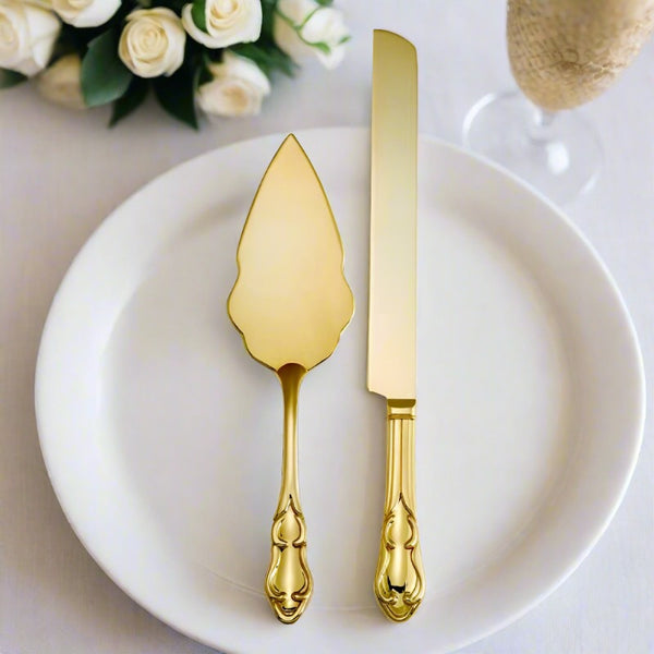 gold fiddle cake knife and server set