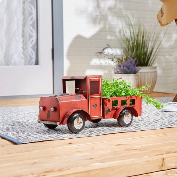 vintage red truck solar powered planter