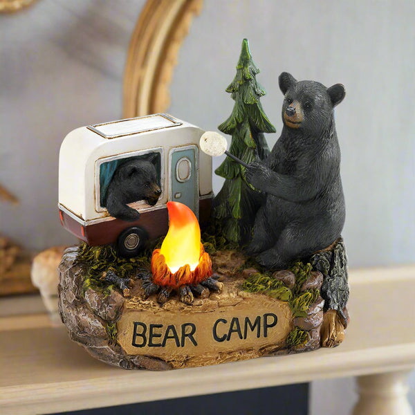 camping bear family lighted figurine