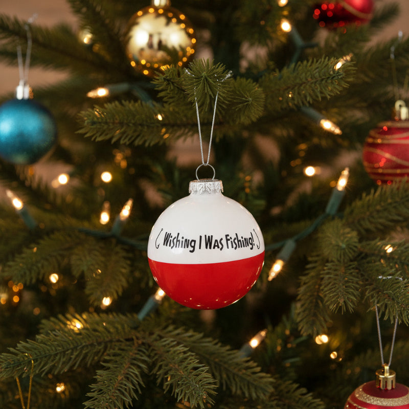 buck with fishing pole ornaments Wish I Was Fishing Bobber Ornament