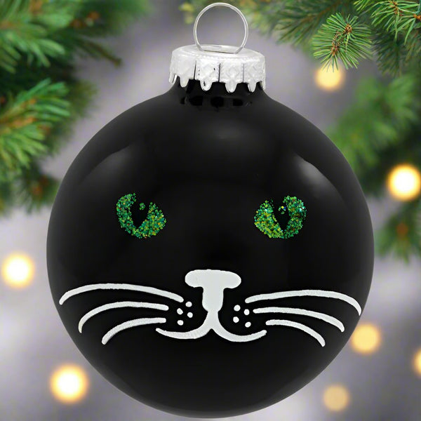 black cat with green eyes glass ornament