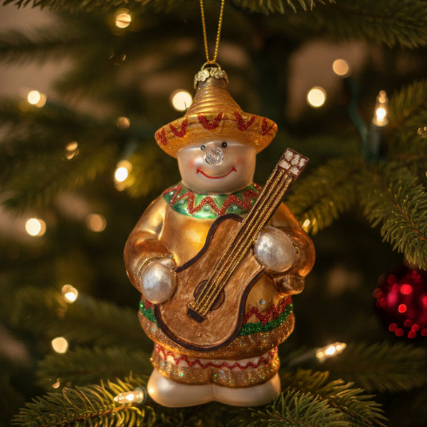 mariachi snowman with guitar glass ornament