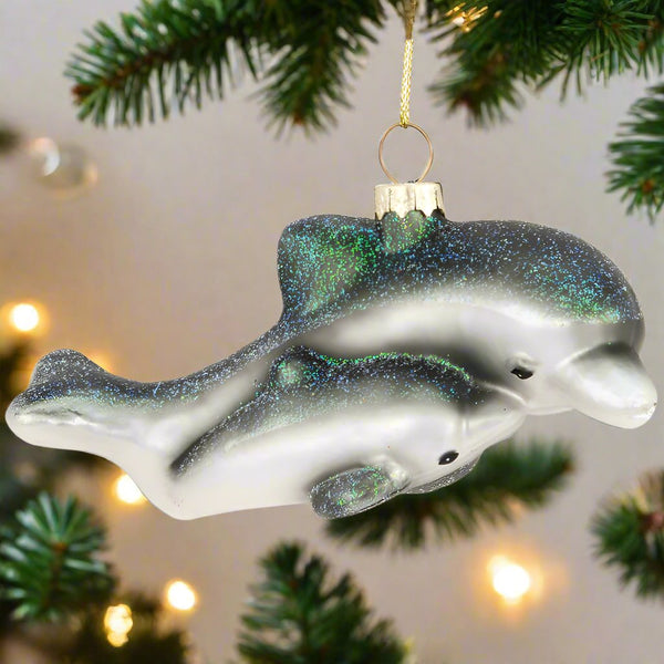 dolphin mom and baby glass ornament