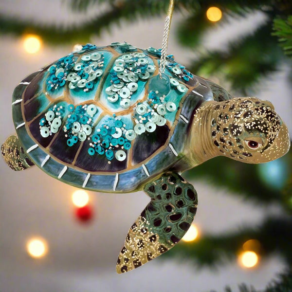 turquoise sea turtle glass ornament