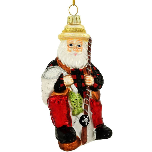 vintage fishing santa glass ornament