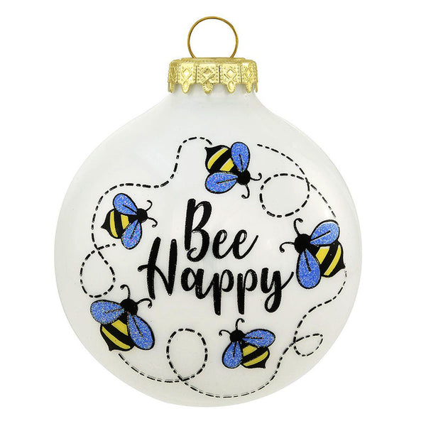 Swirling Bee Happy Glass Ornament