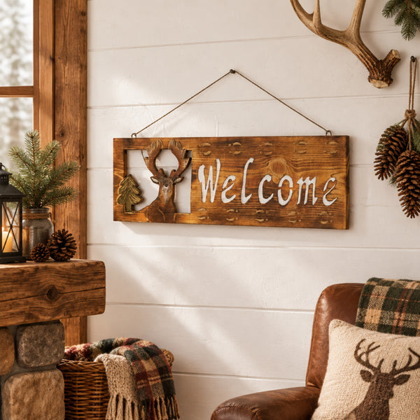 wooden whitetail deer welcome sign