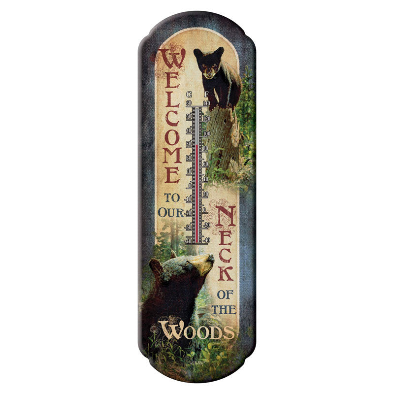 welcome to our neck of the woods black bear tin thermometer