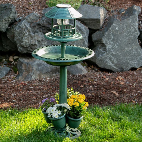 solar powered verdigris lighted birdbath planter