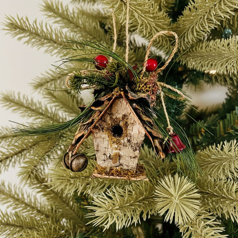 6" Woodland Birch Birdhouse Red Star Ornament