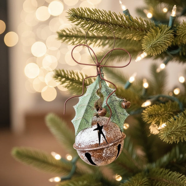 rustic holly jingle bell christmas ornament