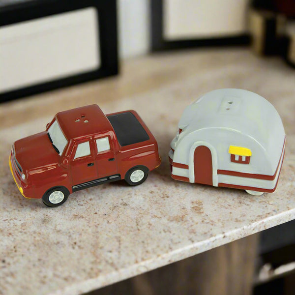 red truck with camper salt and pepper shakers