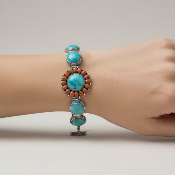 reconstituted turquoise and coral sunburst toggle bracelet