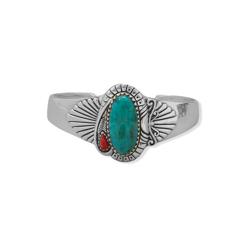 turquoise and coral fan design cuff bracelet
