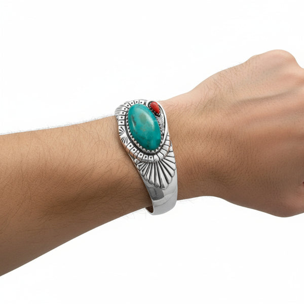 turquoise and coral fan design cuff bracelet