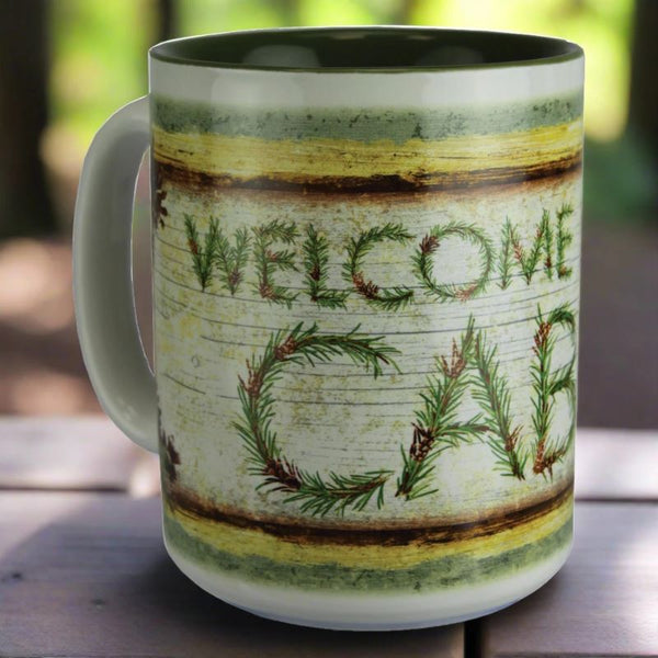 welcome to the cabin pine cones beverage mug