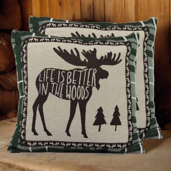 life is better in the woods moose tapestry pillows