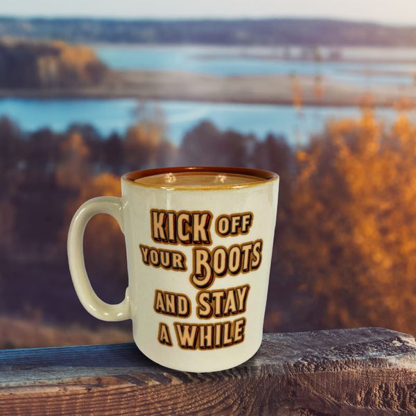 kick off your boots and stay awhile ceramic mug