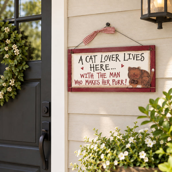 a cat lover lives here with the man that makes her purr sign