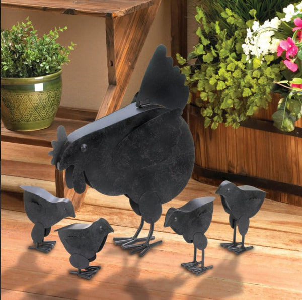 metal chicken family sculptures