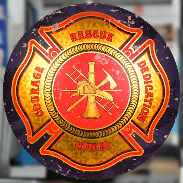 vintage domed fireman maltese cross tin firehouse sign