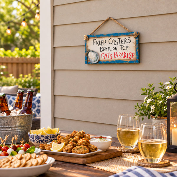 fried oysters beer on ice thats paradise sign