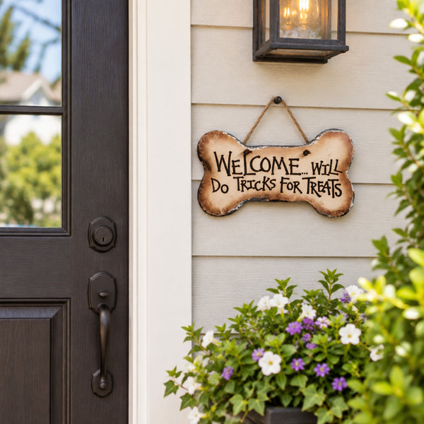 welcome will do tricks for treats dog bone plaque