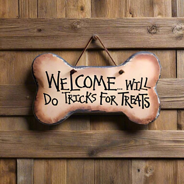 welcome will do tricks for treats dog bone plaque