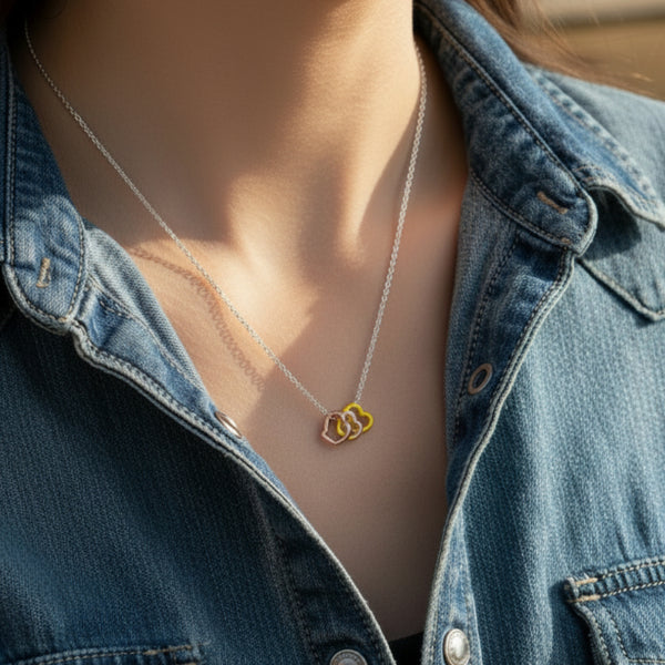 sterling silver rose and yellow gold tri-color triple heart necklace