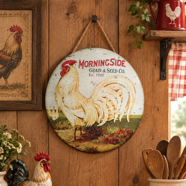 vintage advertising morningside grain and seed round rooster tin sign