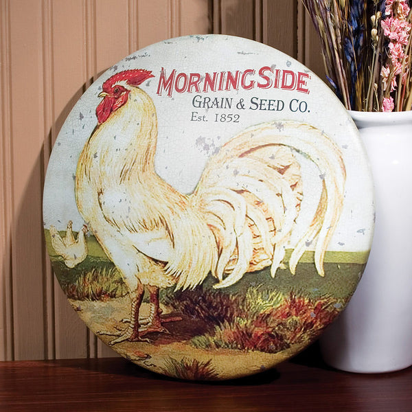 vintage advertising morningside grain and seed round rooster tin sign