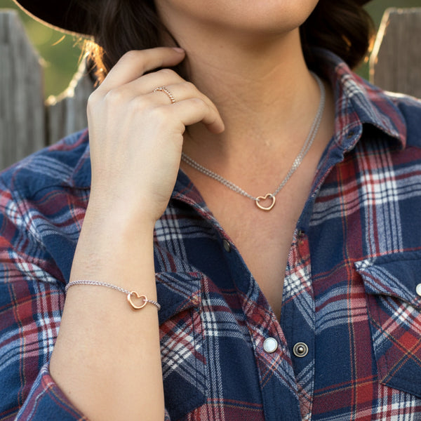 sterling silver and rose gold double strand open heart necklace