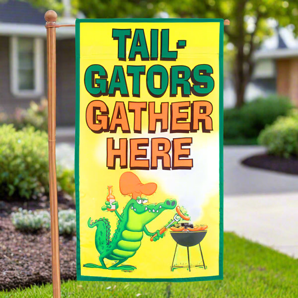 tail gators gather here garden flag