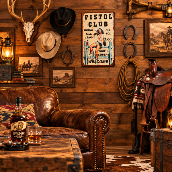 the cowgirl pistol club tin sign