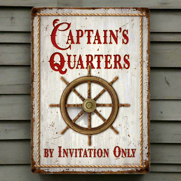 captains quarters by invitation only tin sign