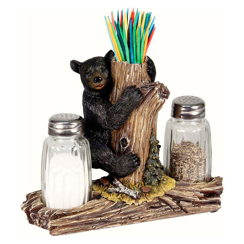 black bear salt and pepper shakers with candleholder toothpick holder