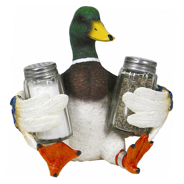 mallard duck holding salt and pepper shakers