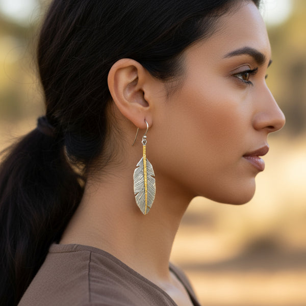sterling silver and gold two tone feather earrings